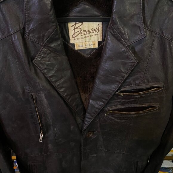 Vintage 70s Bermans Brown Leather Jacket Mid-Length Size 40 Large Faux Fur Lined - Picture 6 of 11